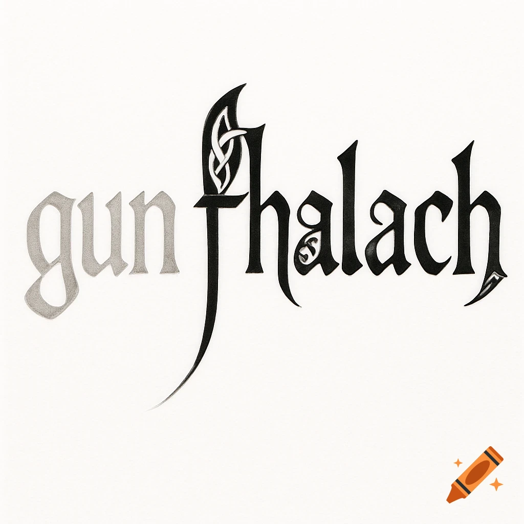 Stylized text 'gun fhalach' in black and gray with Celtic knotwork, tattoo design on white background.