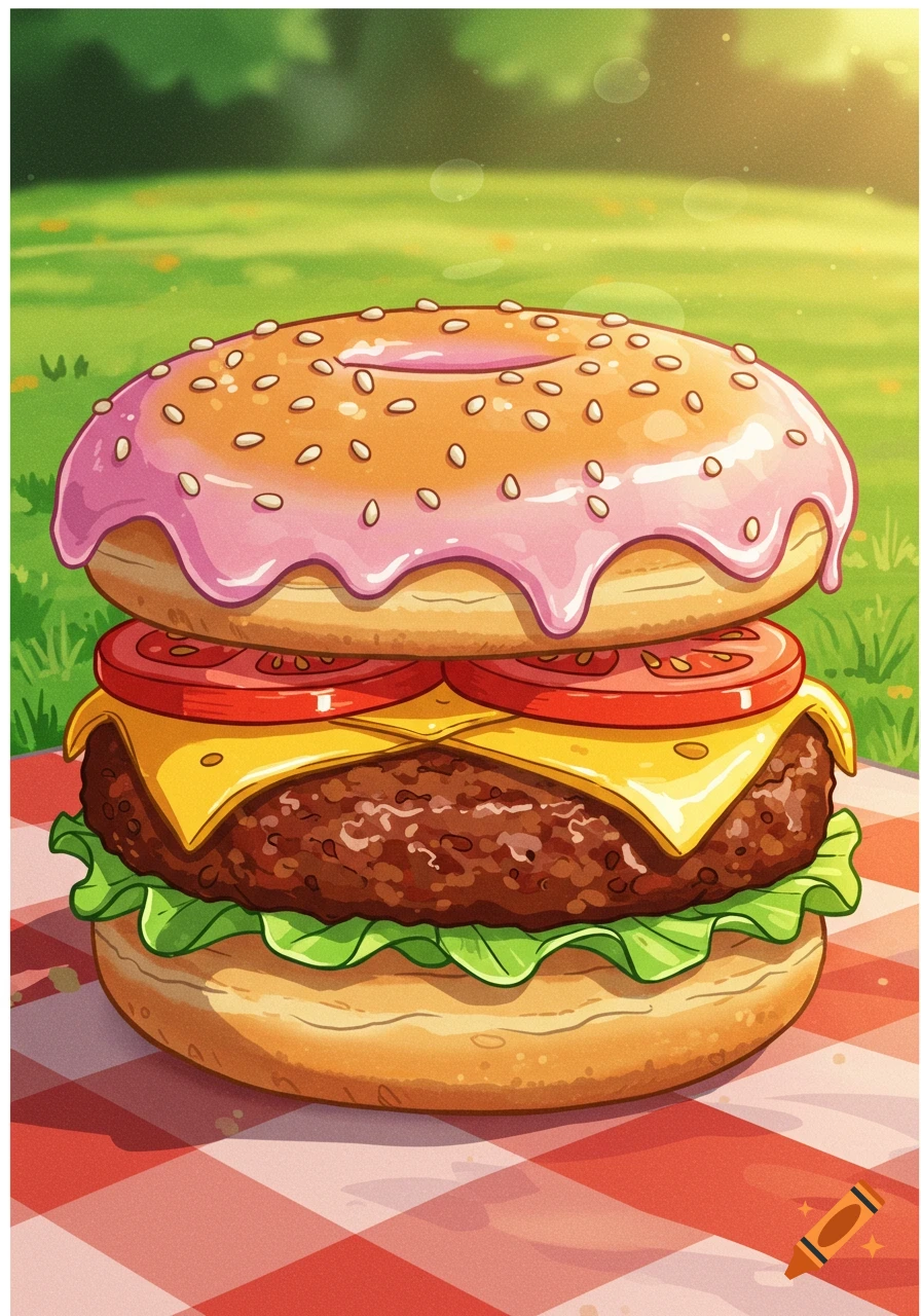 A cartoon cheeseburger with a pink-frosted donut as the top bun, sitting on a red and white checkered picnic blanket in a grassy park.