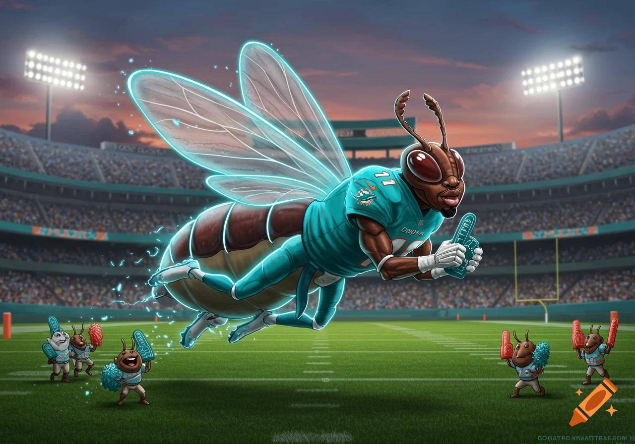 Cartoon illustration of De'Von Achane as a Miami Dolphins lightning bug flying over a football field with cheering bee mascots.