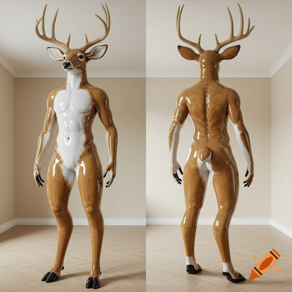 Front and back views of a glossy vinyl anthropomorphic white-tailed deer buck figure with antlers and hooves, standing in a room.