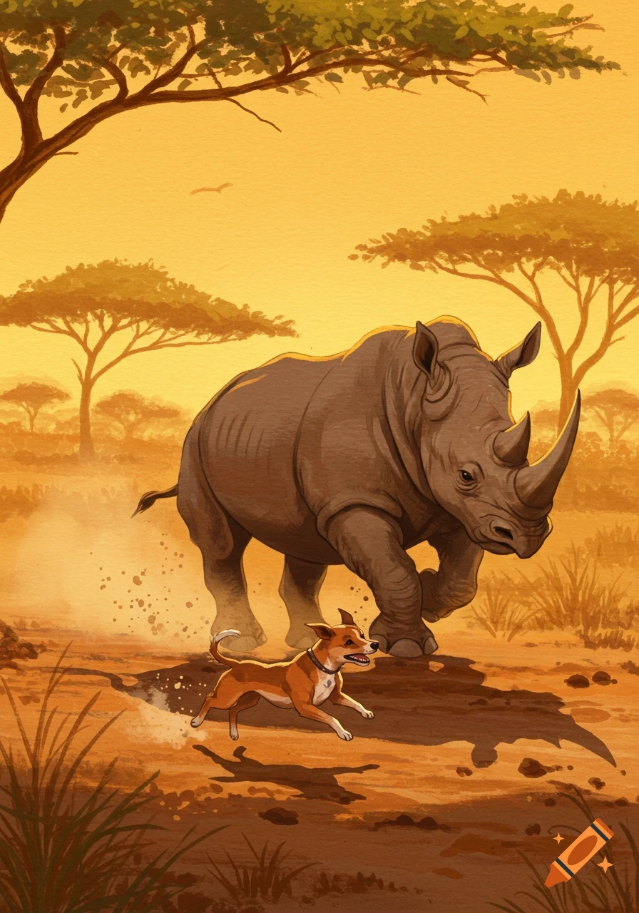 Illustration of a small brown dog playfully chasing a large rhino through a sunlit savanna with acacia trees.