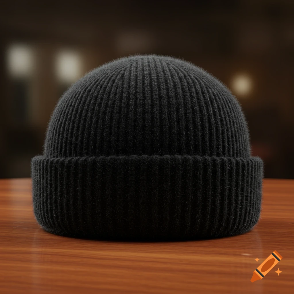 A photorealistic black ribbed beanie hat rests on a wooden table, with a blurred background.