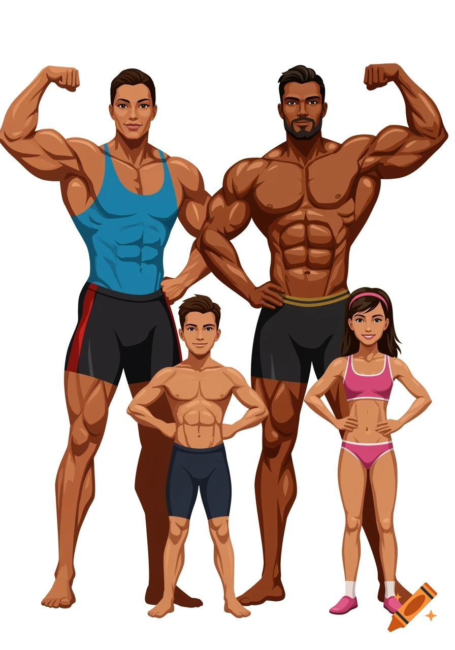 A cartoon illustration of a diverse family of four bodybuilders, two adult men, a boy, and a girl, posing to show their muscles.