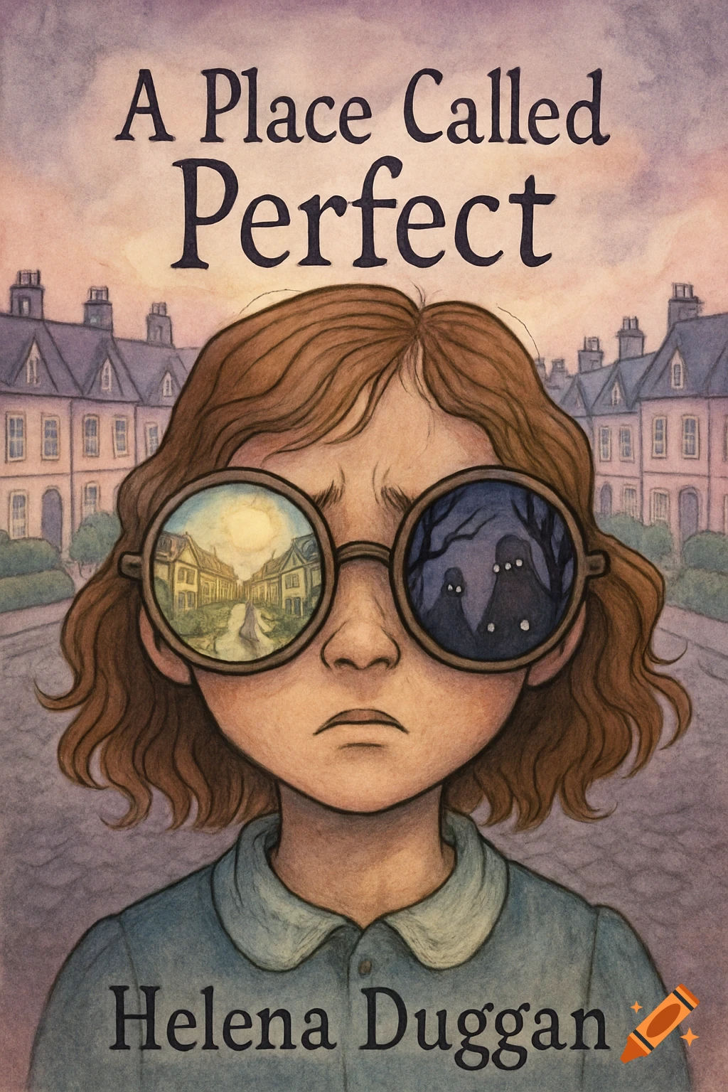 Book cover of a girl with glasses reflecting a perfect town and a spooky forest with ghosts. Title: A Place Called Perfect.
