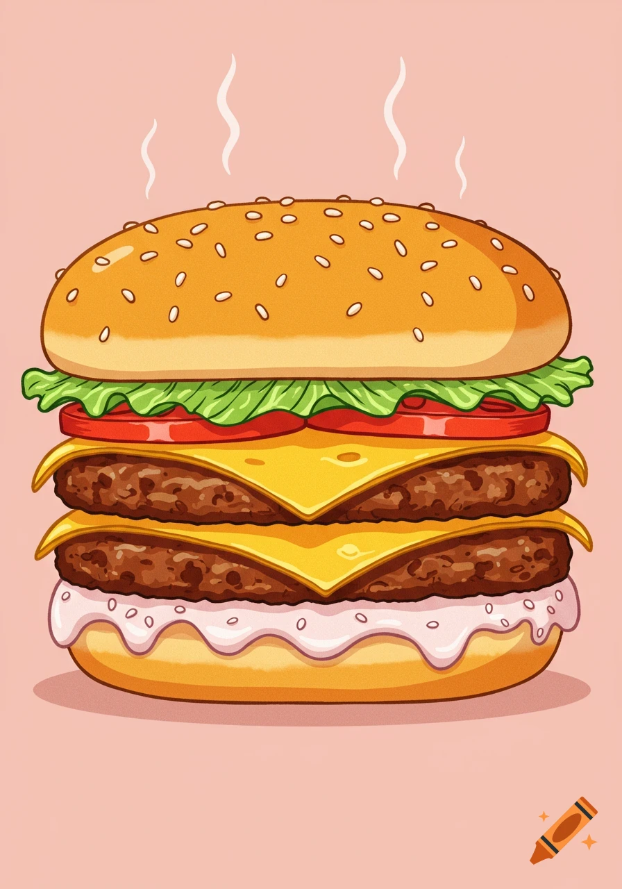 A vibrant cartoon double cheeseburger with lettuce, tomato, melted cheese, and sesame seed bun, emitting steam on a pink background.