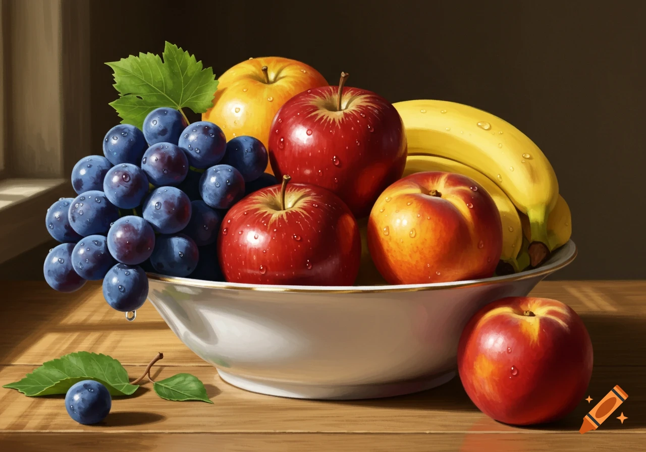 A realistic painting of a white bowl overflowing with grapes, red apples, bananas, and peaches on a wooden table.