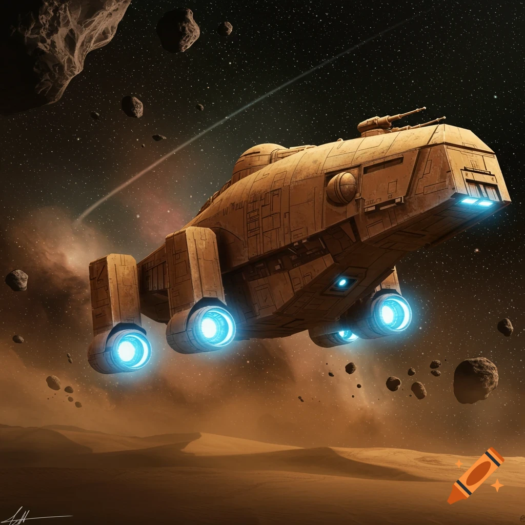 A large, tan, boxy spacecraft with glowing blue engines flies above a desert planet, surrounded by asteroids in space.