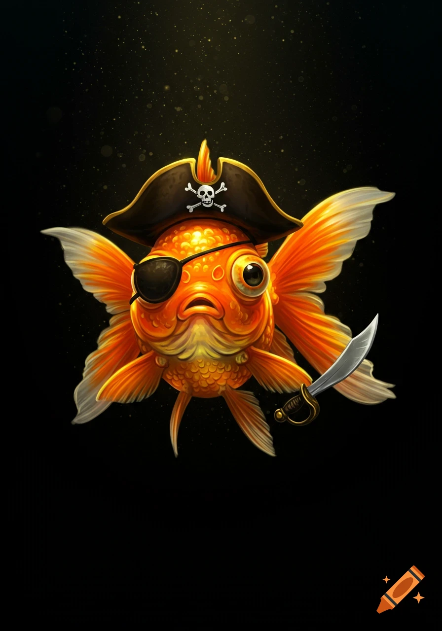 A cartoonish orange goldfish dressed as a pirate with a hat, eyepatch, and cutlass, against a dark background.