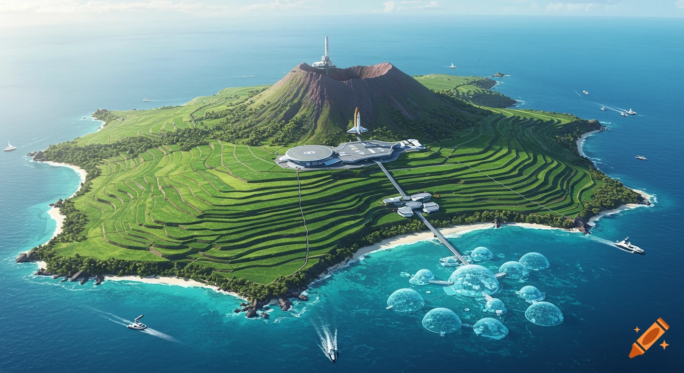Aerial view of a futuristic volcanic island with a spaceport, lush terraced farms, and an underwater dome city.