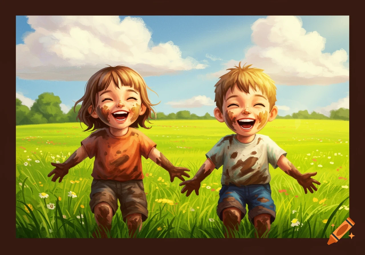 Two joyful cartoon children, a boy and a girl, playfully covered in mud, stand laughing in a bright green field under a blue sky.