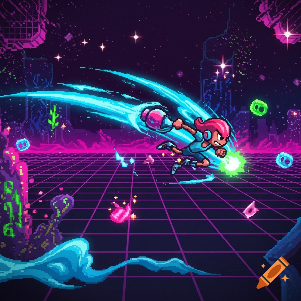 Pixel art character with pink hair running through a neon grid landscape, emitting a blue trail and green energy, in a synthwave style.