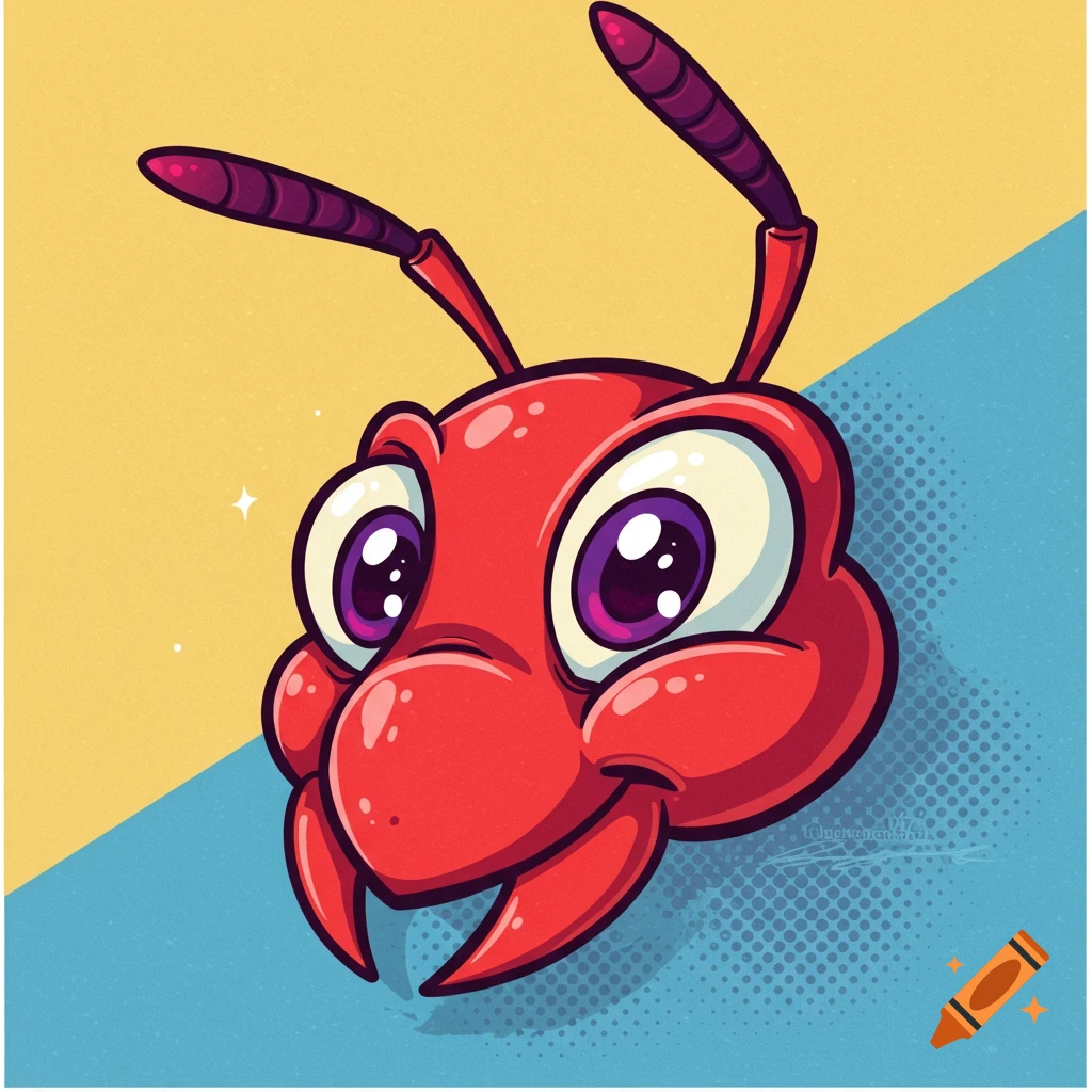 A cartoon head of a red ant with large purple eyes, on a diagonal yellow and blue background with halftone dots.