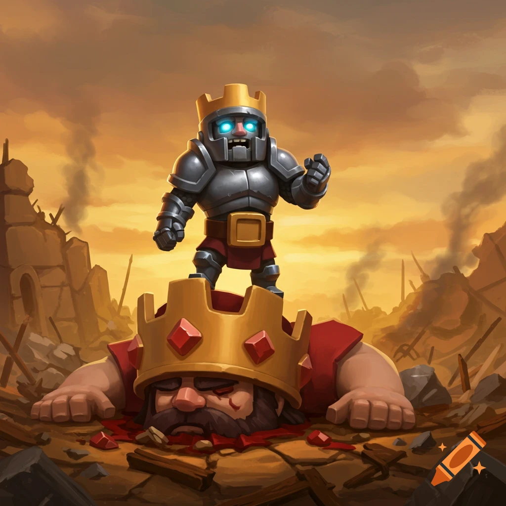 Mini P.E.K.K.A. stands triumphantly on the defeated Red King's crown amidst a ruined battlefield, cartoonish video game art style.