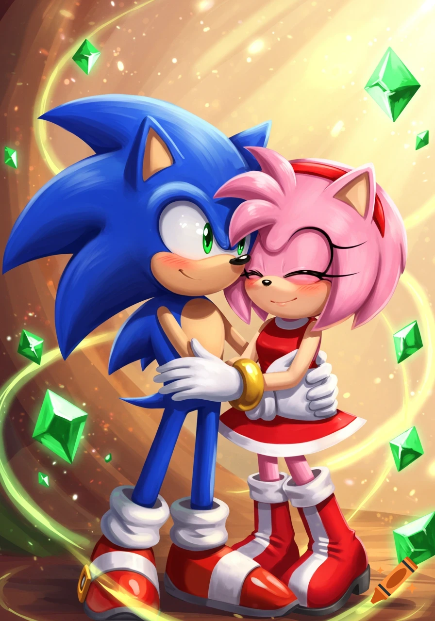 Sonic and Amy embracing affectionately, surrounded by glowing green emeralds, in an anime style.
