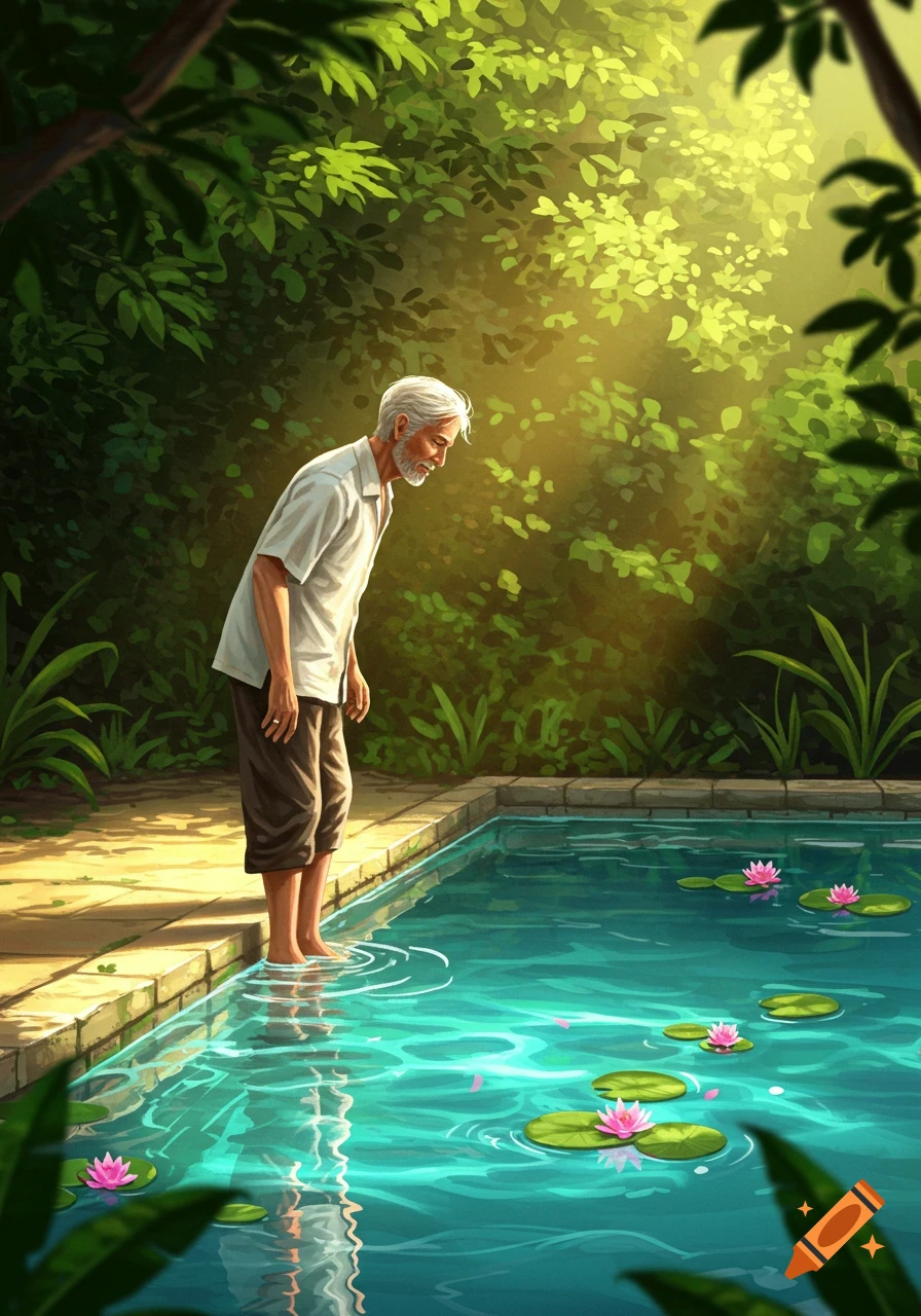 Illustrated older man with white hair and beard wading in a tranquil lily pond, bathed in sunlight filtering through green foliage.