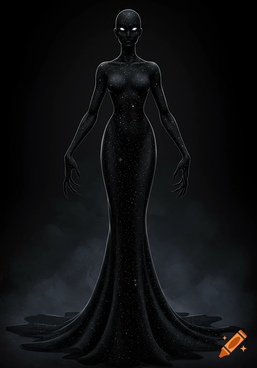 A tall, slender, dark cosmic figure with glowing white eyes and long claws, wearing a flowing, star-filled gown.