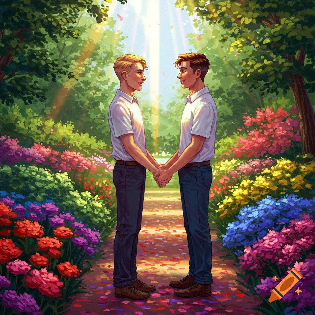 Two men holding hands and smiling at each other on a sunny path through a vibrant, colorful garden, digital illustration.