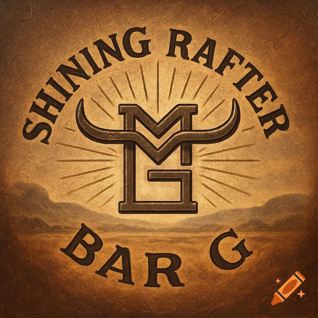 Brown western cattle brand logo with 'Shining Rafter M Bar G' on a textured background with mountains.
