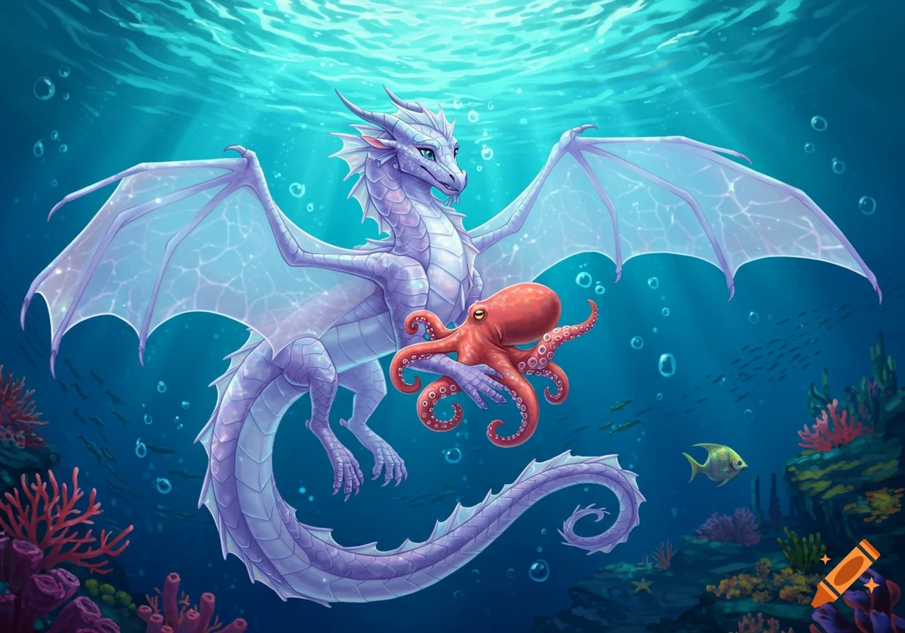 Elegant purple SeaWing dragon holding a red octopus underwater, with coral and small fish in the background. Illustration.