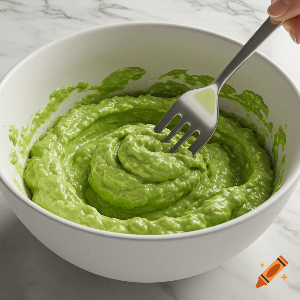 Close-up of a fork mashing vibrant green avocado in a white bowl on a marble counter.