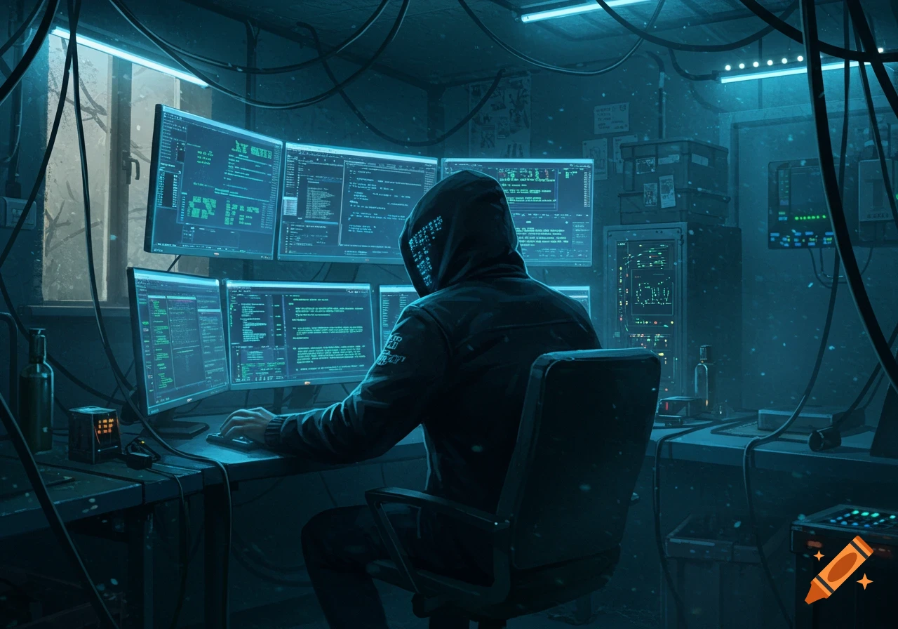 A hooded figure works at multiple glowing computer monitors displaying green code in a dark, tech-filled room, digital art style.