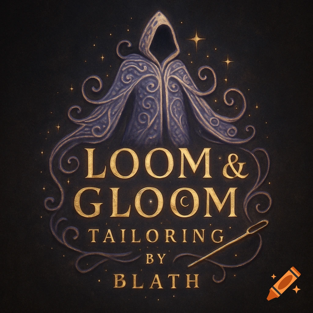 Fantasy logo for Loom & Gloom Tailoring by Blath, featuring a hooded figure, golden text, and a sewing needle on a dark background.