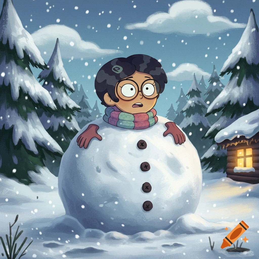 Cartoon of Marcy Wu from Amphibia, head sticking out of a large snowman in a snowy winter forest.