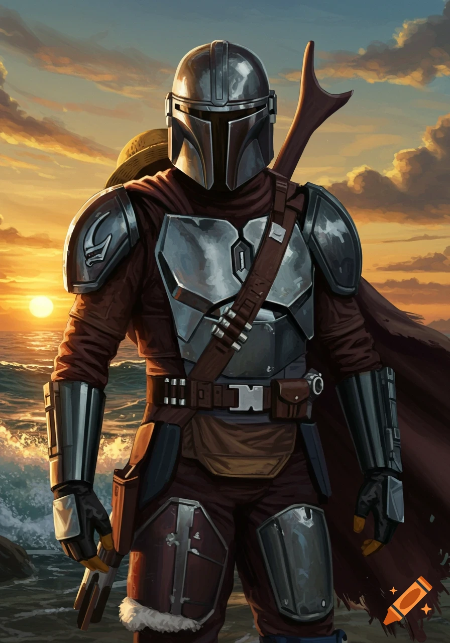 A character in Mandalorian armor with a straw hat on their back stands by a sunset ocean, digital art.