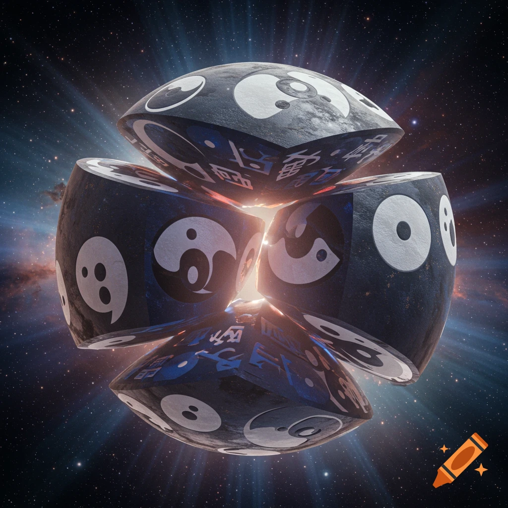 Abstract composition of dark, segmented spheres with white yin-yang symbols and illegible text against a cosmic starry background.