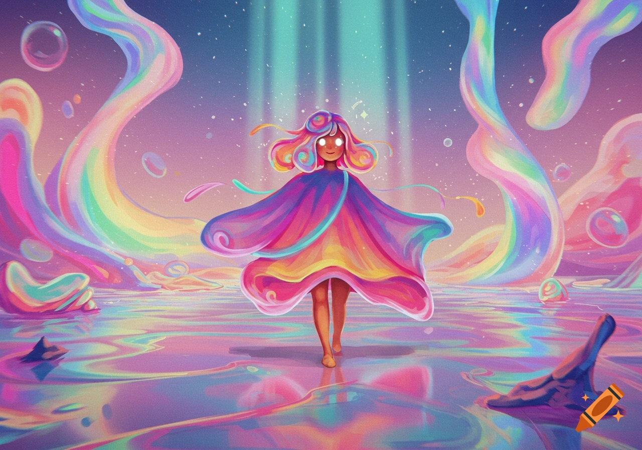 A vibrant illustration of a glowing character with rainbow hair and dress walking on a reflective, colorful liquid landscape under light rays.