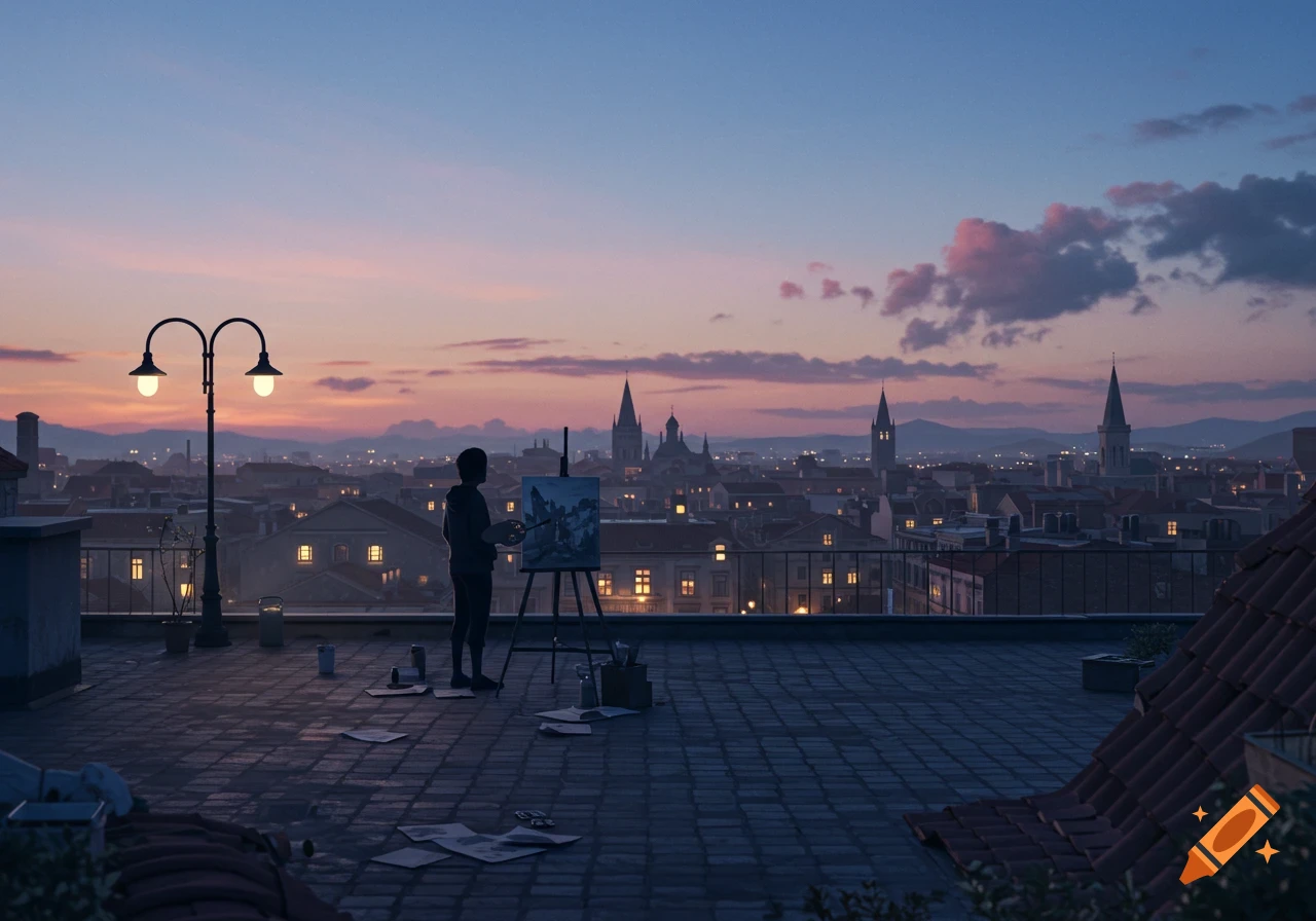 A silhouetted artist paints a cityscape on a rooftop at sunset, with buildings and spires under a pink and blue sky.