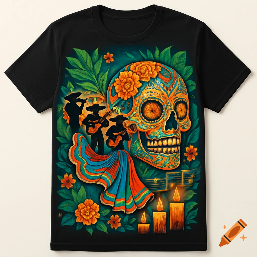 A black t-shirt with a vibrant, detailed illustration of a decorated sugar skull with marigolds, three musicians in silhouettes, candles, and lush green foliage, in a folk art style.