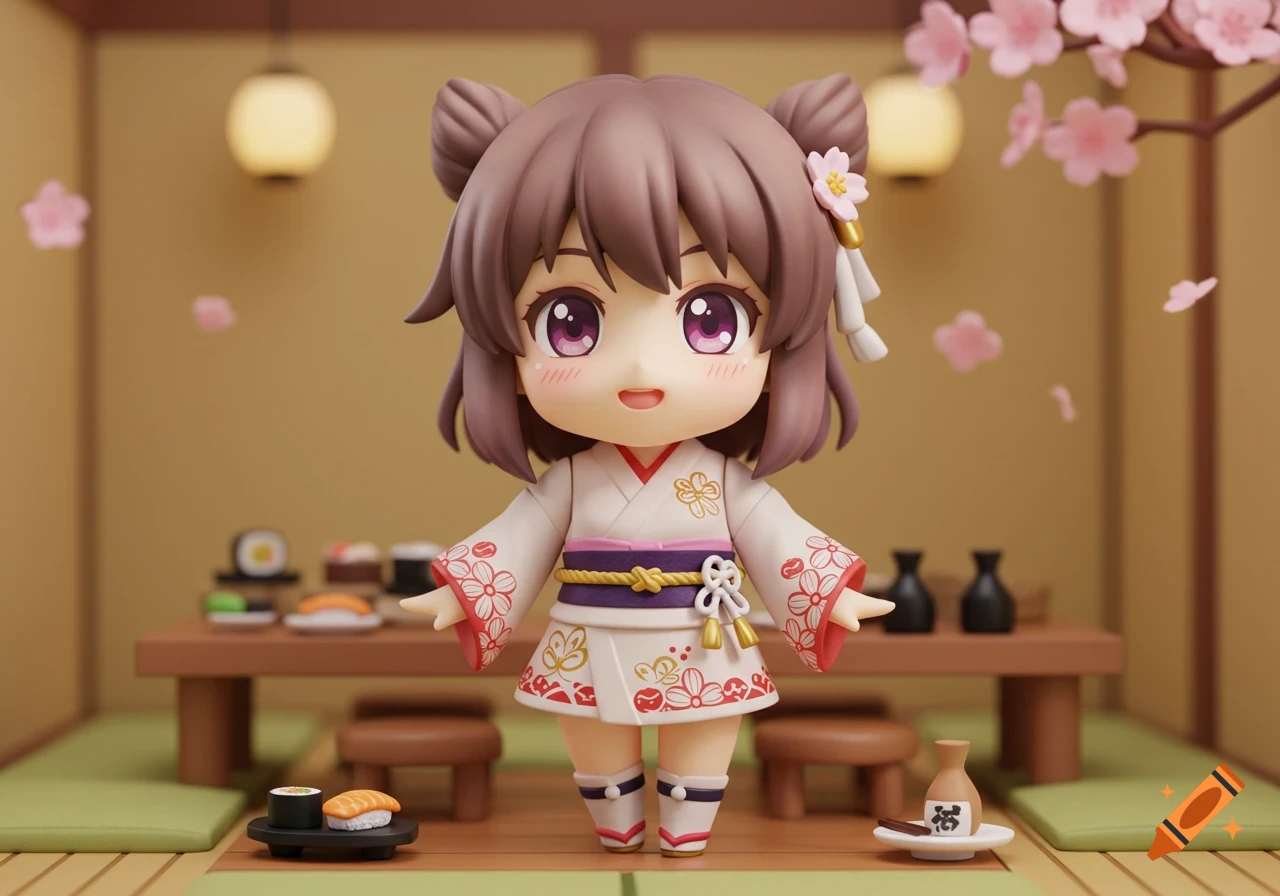 A cute chibi anime girl figure in a white kimono with floral patterns, standing in a traditional Japanese room with sushi and cherry blossoms.
