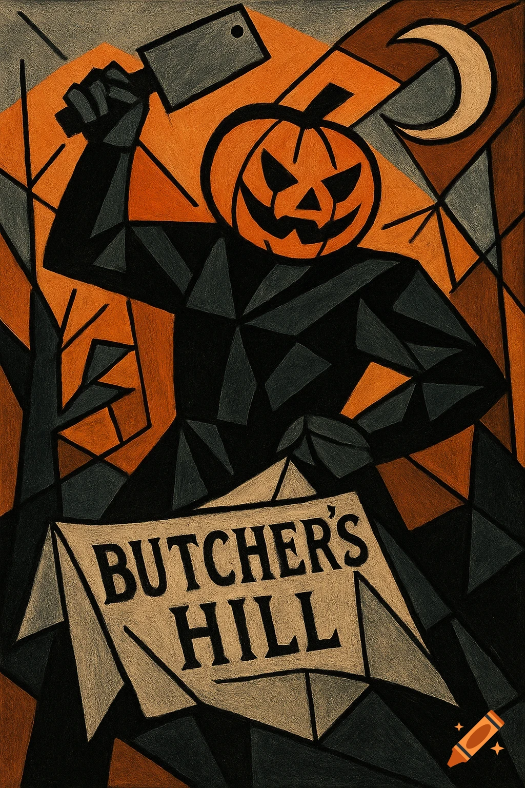 Abstract Halloween illustration of a jack-o'-lantern butcher with a cleaver over a 'BUTCHER'S HILL' sign, in orange and black.