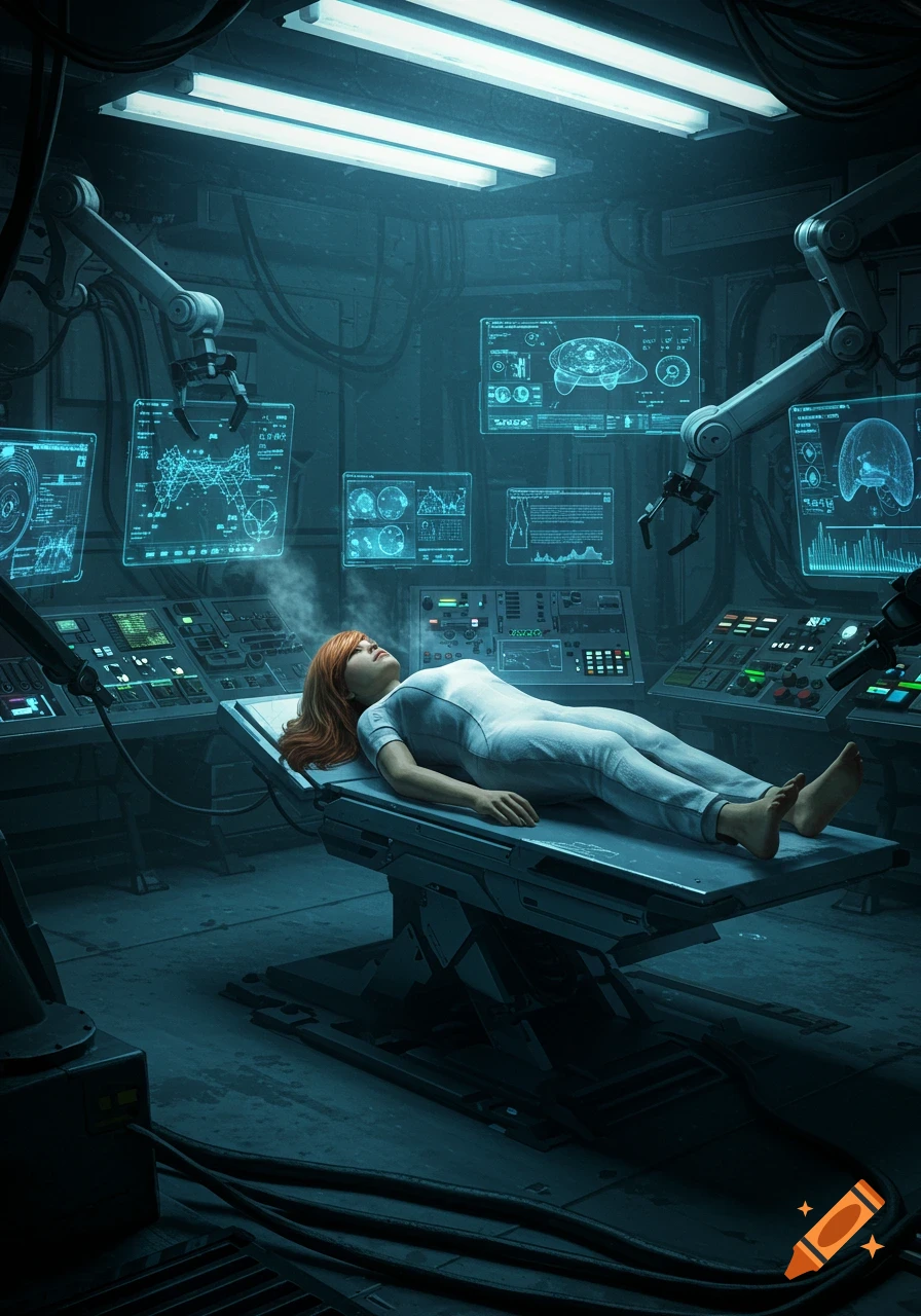 A woman lies on a futuristic medical table in a dark, high-tech lab with glowing screens and robotic arms.