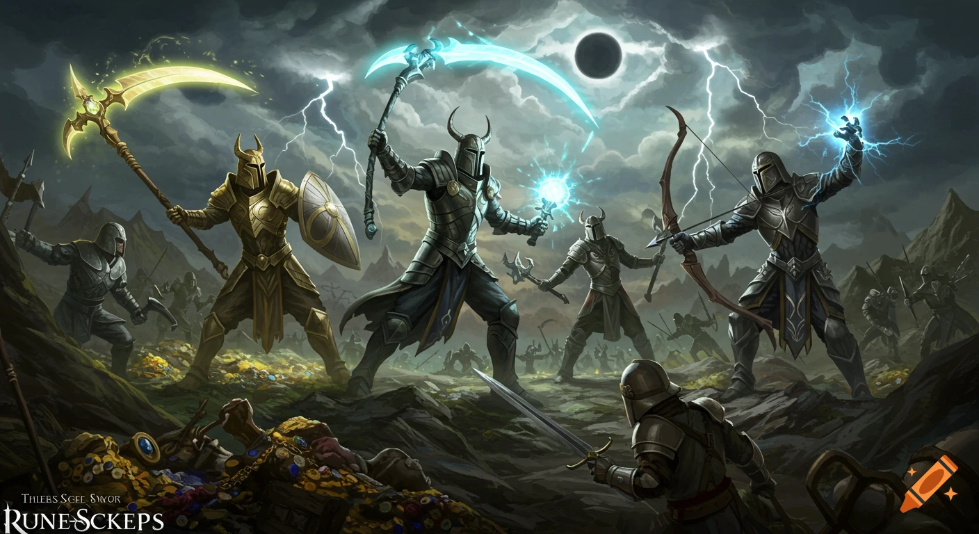 Armored warriors battle on a stormy, loot-strewn battlefield, wielding magical scythes, bows, and swords, under a dark sky with lightning.