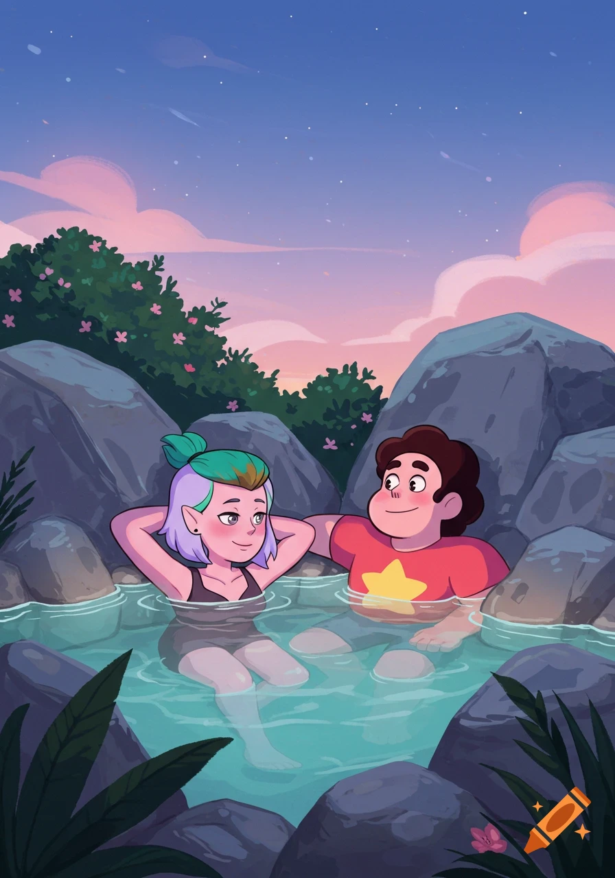 Cartoon characters Steven Universe and Amity Blight relax in a serene hot spring surrounded by rocks, under a pink and blue sunset sky. Animated style.
