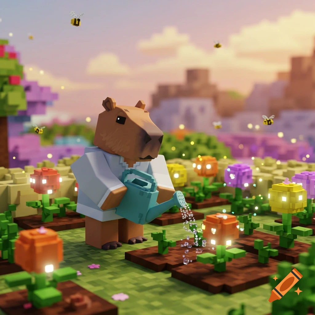A cute voxel art capybara in a white shirt waters colorful glowing flowers in a vibrant garden with bees flying around.