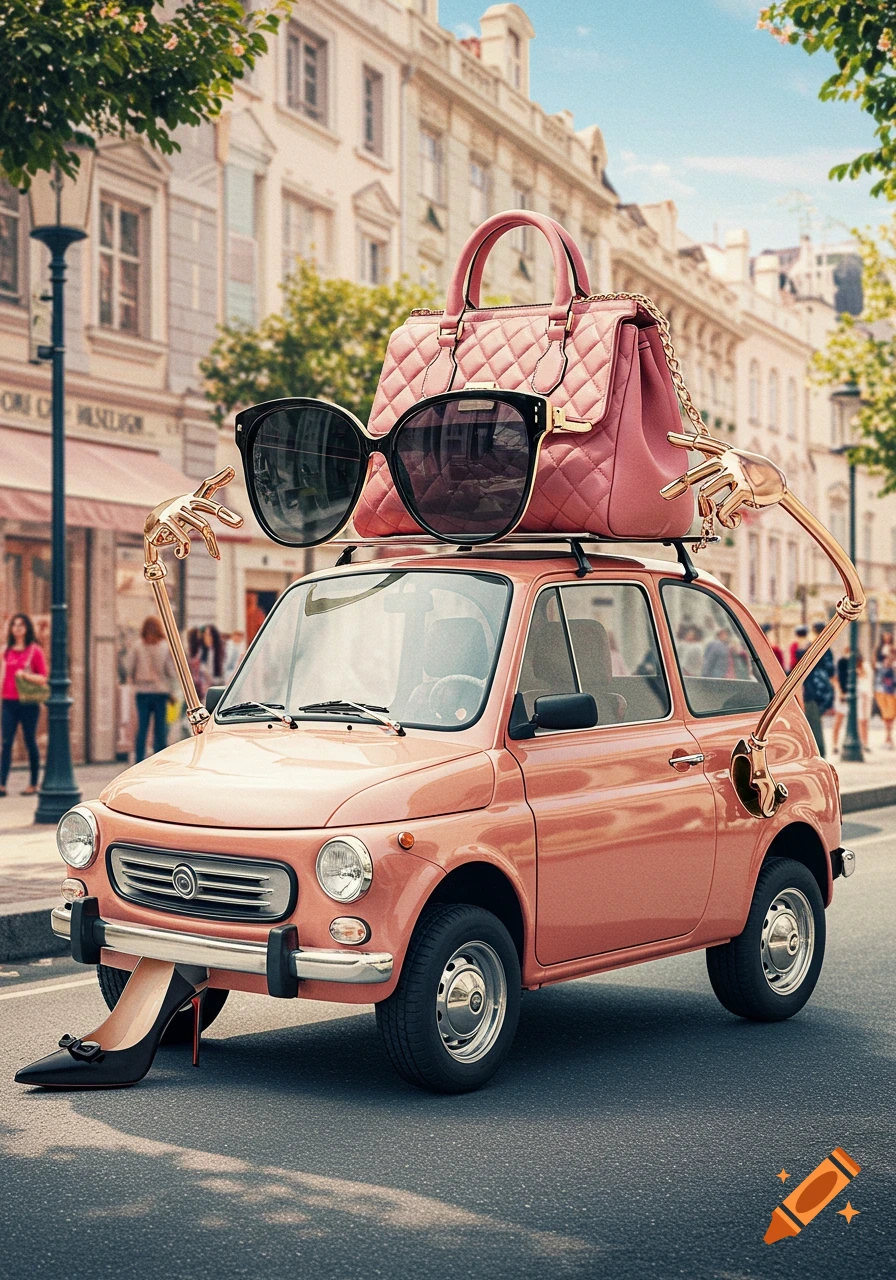 Pink vintage car with a pink handbag, large sunglasses, golden arms, and a high-heel shoe in place of a wheel on a city street.