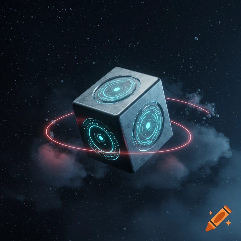 A metallic futuristic cube with glowing blue patterns and a red ring floats in deep space among stars and nebulae.