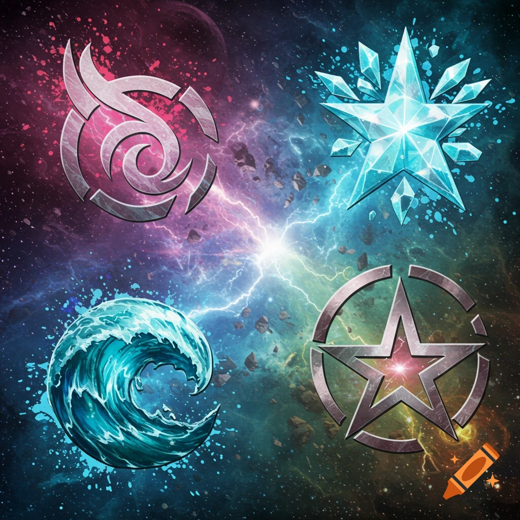 Four stylized symbols (swirl, ice star, wave, metal star) against a vibrant cosmic background with a central lightning bolt.