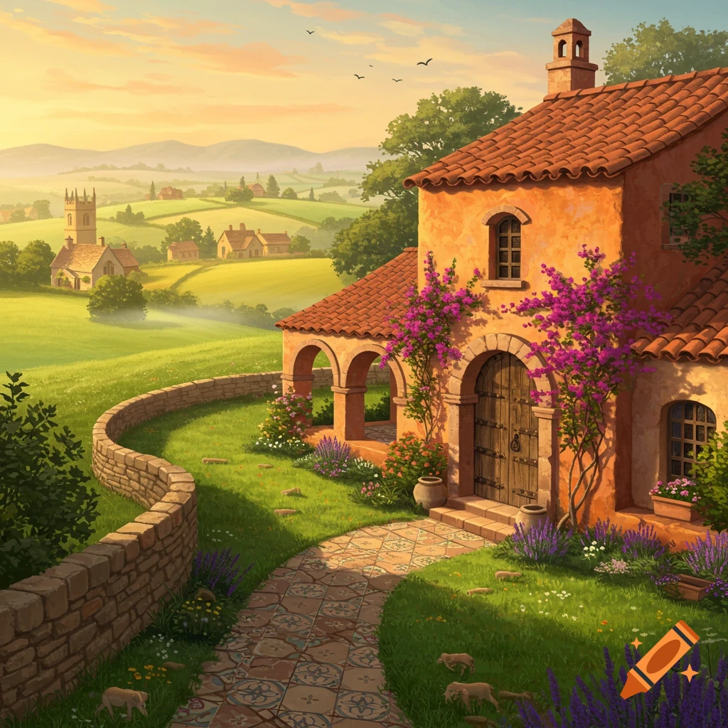 A vibrant illustration of a rustic house with flowering vines nestled in a green, rolling countryside with a distant church and misty hills at sunset.
