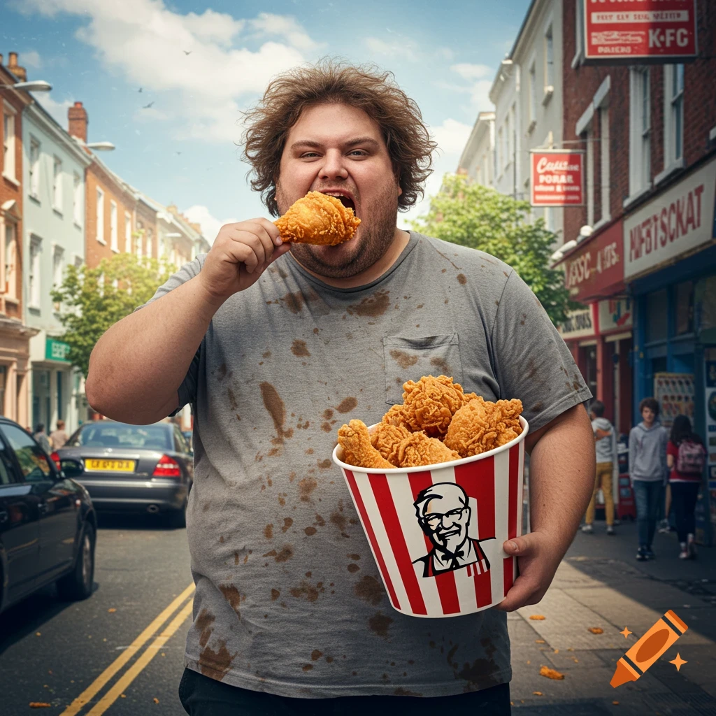 A man with messy brown hair in a stained grey t-shirt eats a piece of fried chicken while holding a KFC bucket on a city street.