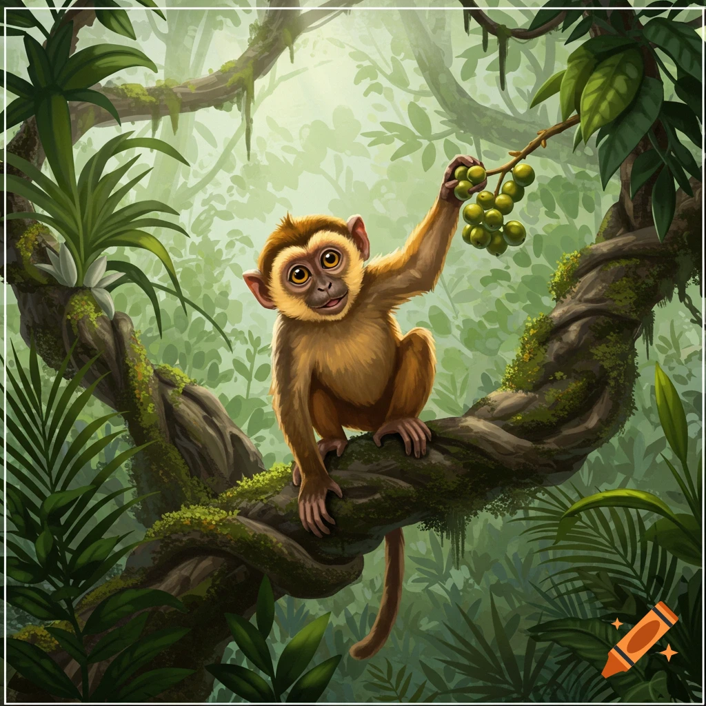 A cute cartoon monkey with large eyes sits on a mossy jungle branch, holding a cluster of green fruit, with lush foliage in the background.