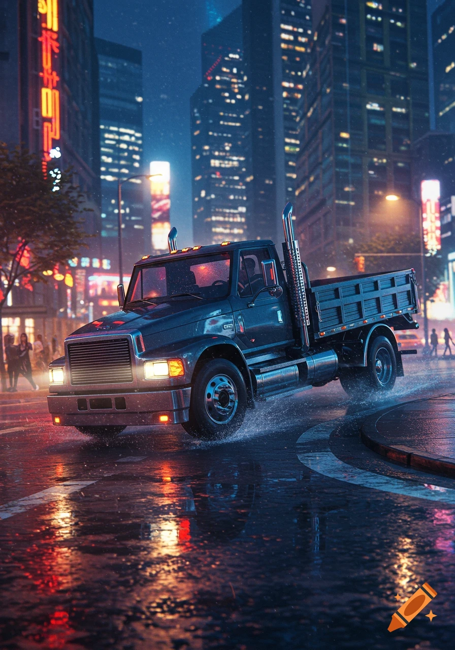 A dark blue truck turns left on a wet city street at night, with vibrant neon lights reflecting in puddles.