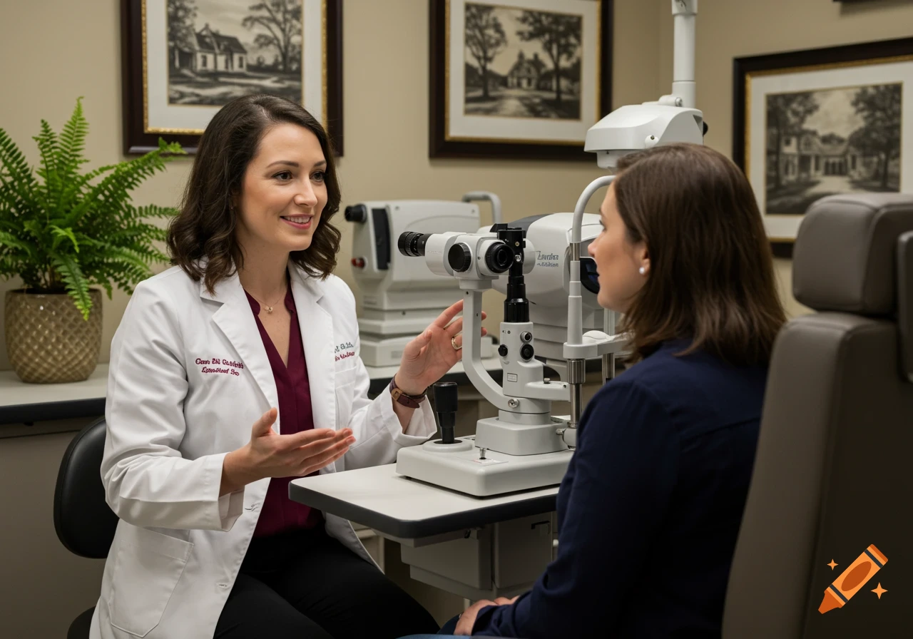 An eye doctor in a white coat consults a patient seated at an eye exam machine in a brightly lit office.