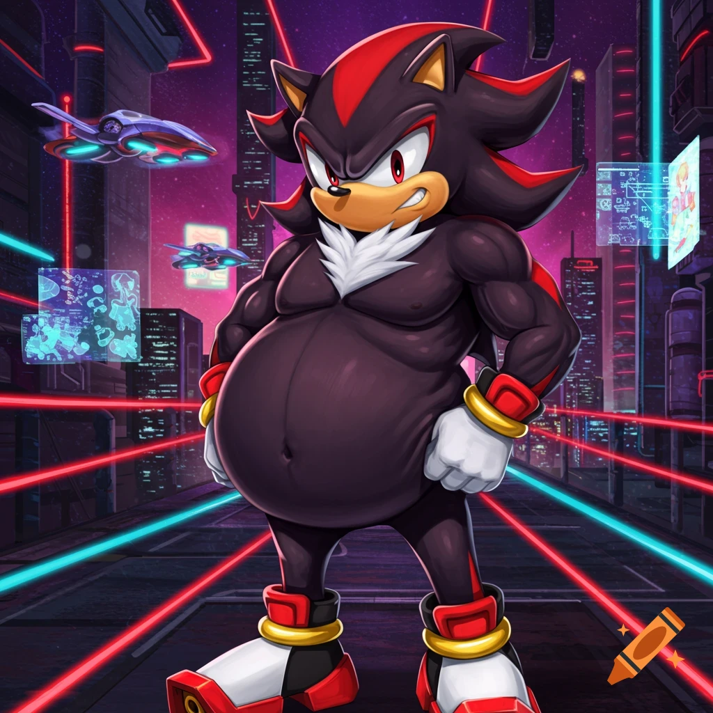 Shadow the Hedgehog with a large, round belly, standing in a vibrant, neon-lit futuristic city with flying vehicles in the background.