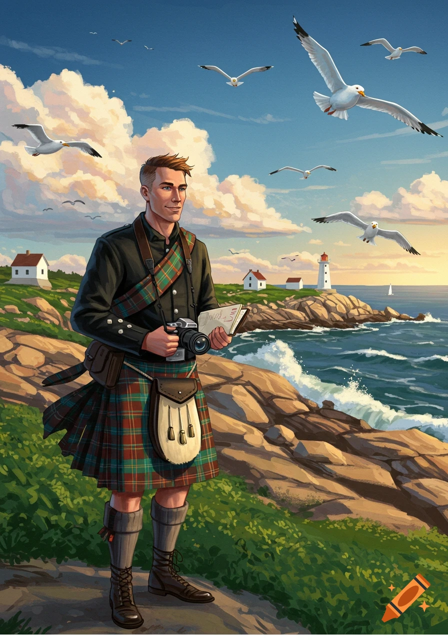 A man in a plaid kilt and jacket holds a camera and notebook on a rocky coast, overlooking the ocean with a lighthouse and seagulls flying.