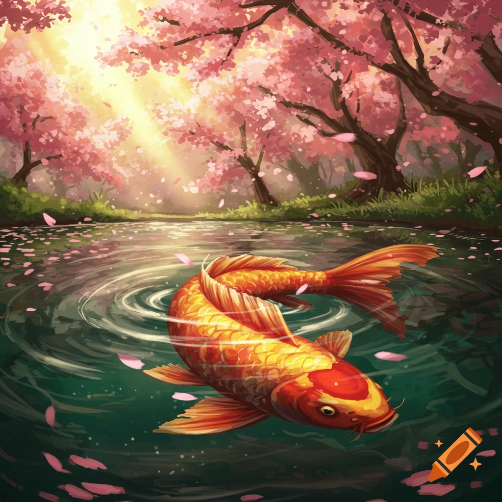 A vibrant orange koi fish swims in a pond covered with pink cherry blossom petals, under sunlit trees in a stylized illustration.