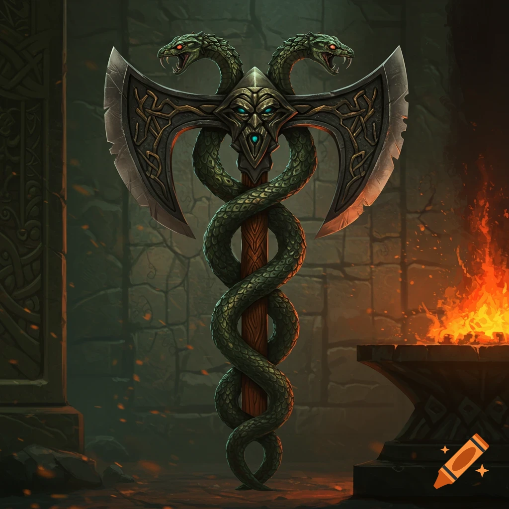 A twin-headed dwarven war axe with a haft of intertwined green snakes, set in a dimly lit stone dungeon with a glowing forge.
